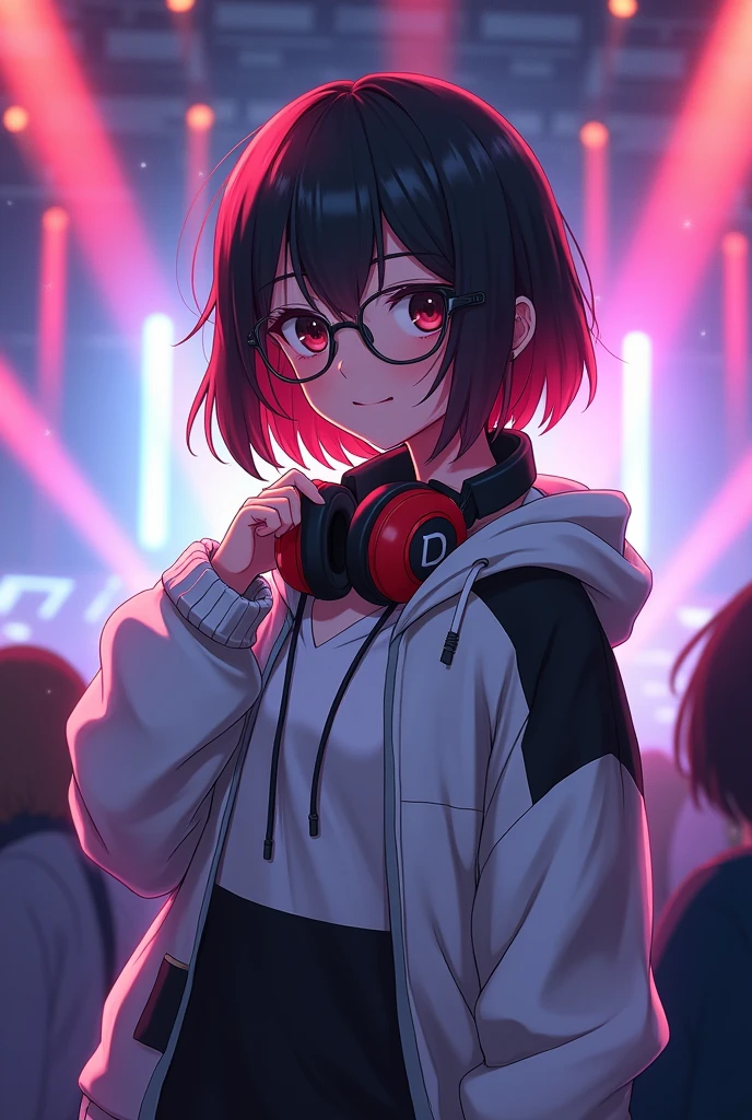 Anime about a fat, white girl with black shoulder-length hair, She wears square shaped glasses and they are gold in color, has a smile and a sensual look, brown eyes and her hair is loose, headphone cor de rosa, pink lights illuminate it and in the background there are pink lights, and wears a blouse with a low neckline that highlights her large breasts