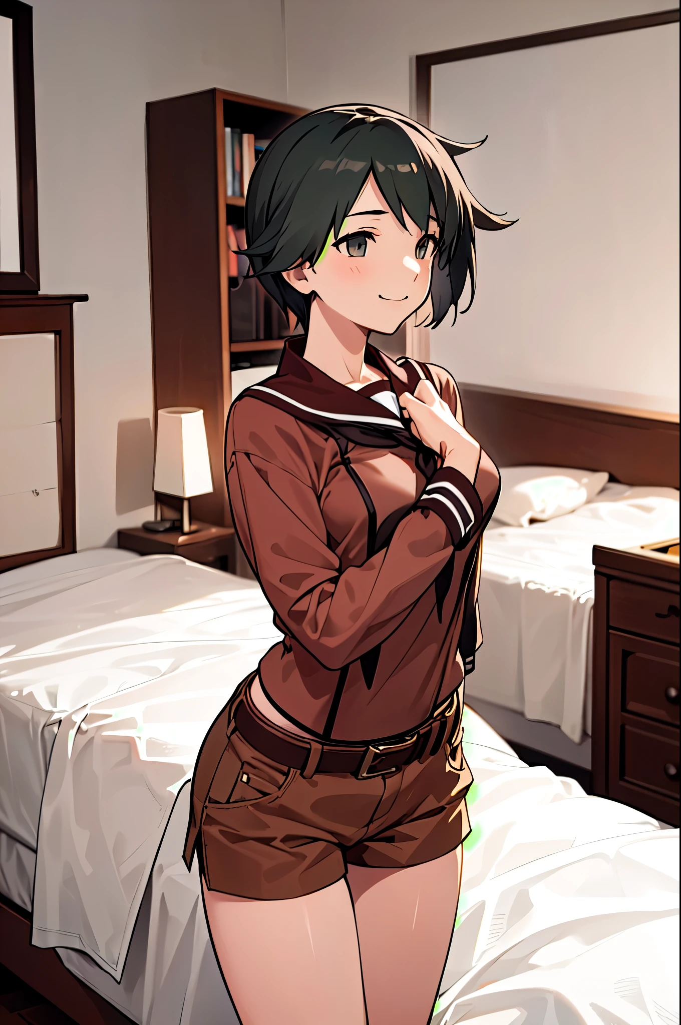   1 girl ,Alone,
Best \( Kantai Collection\),
Brown shorts, belt,  medium breasts,   good,
indoor,   on the bed , ,    evil smiles   ,