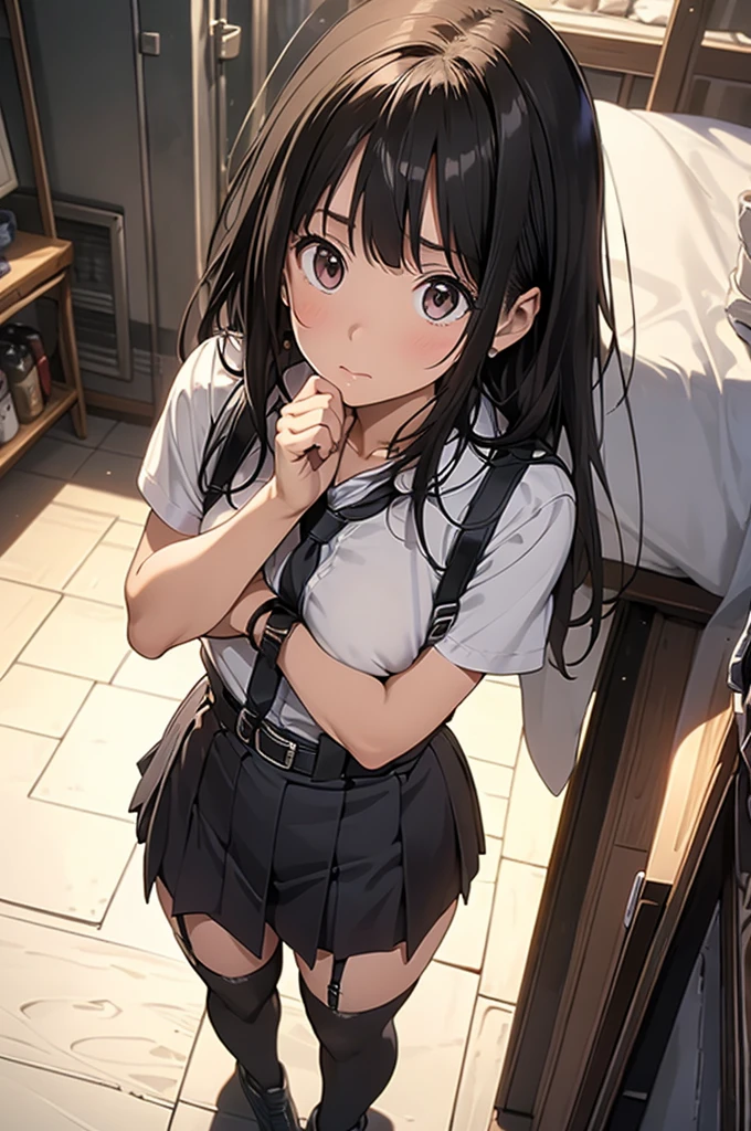 1 female, , high quality, masterpiece, Ultra-high resolution, , Cinema Lighting, , , And the suspenders with the cranes flying　　　Moderate breasts　 　 　　　　Large Breasts　 　 　　　　Small face　 　　　holster　　　　　　　 Lying in bed　Looking up　　　　Sweat 　　　belt　summer　脇Sweat 　Black Hole Gloves　suit　　　　 　garterbelt　Leg Links　ズボンにbelt　　holster　 　　Hands behind your back　 Anxious expression　Looking up　Anxious face　Knee-high　Knee socks　Knee-highソックス garterbelt　garter　ふとももにgarterbelt　Checkered mini skirt　Necktie Headband　ribbon