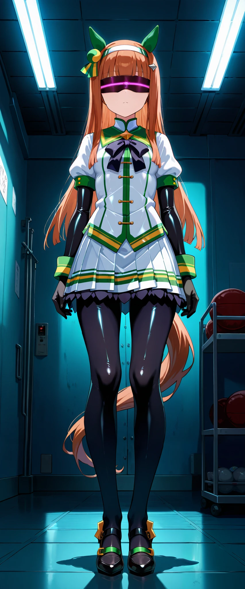 1girl,Silence Suzuka\(umamusume\), uniform, high heels,choker, underbust, underbust,breasts,((expressionless)), closed mouth,(two breast),((red visor, glowing visor)),standing, ((dark room, dark,training room)), masterpiece, best quality, amazing quality, very aesthetic, absurdres,BREAK,inner latex skin tight:0.8,