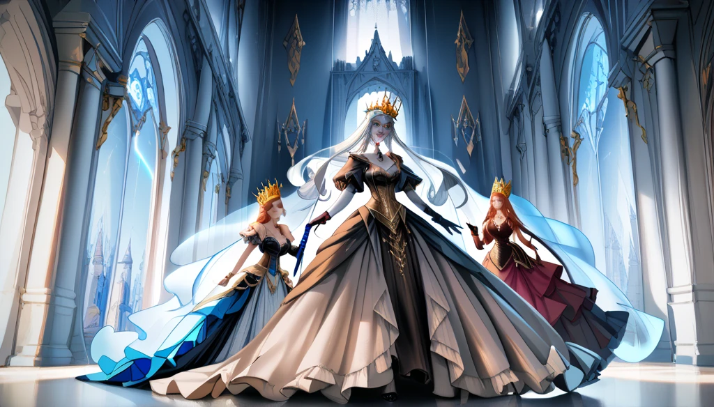 Blonde Queen Gold Tiara, armor,cleavage,High heels standing castle