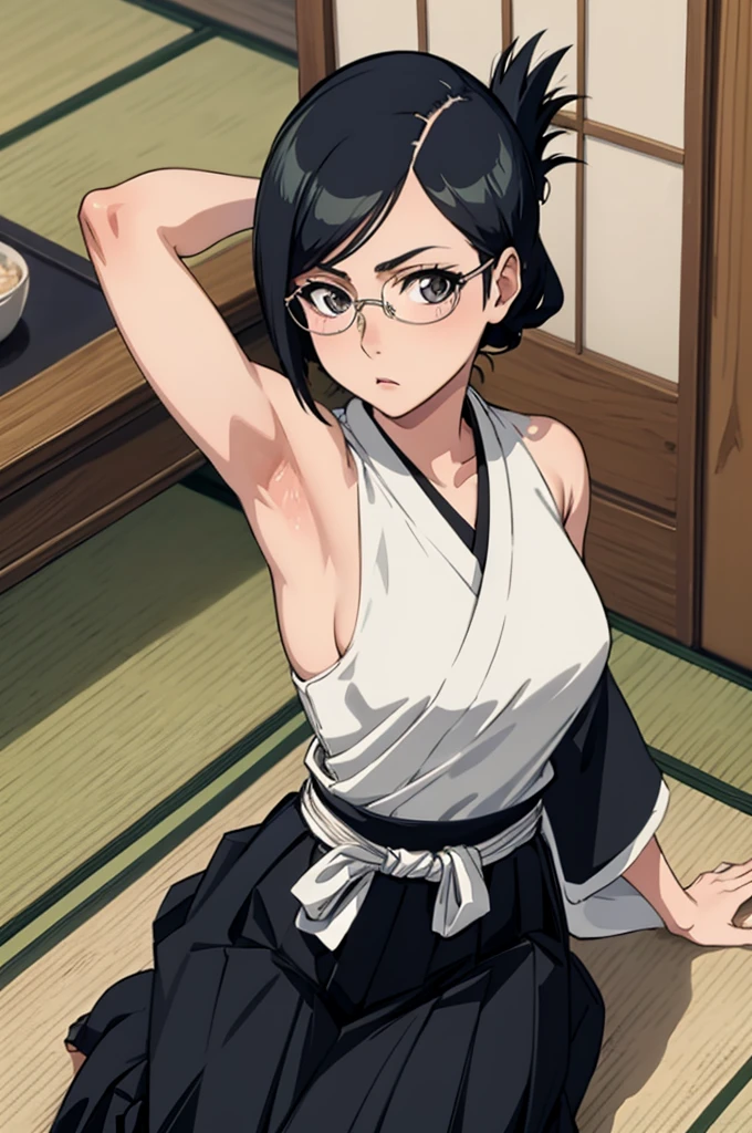 masterpiece, best quality, ise o, folded ponytail, glasses, black robes, sash, hakama skirt, seiza, japanese architecture, indoors, looking at viewer, from above, sleeveless, armpits