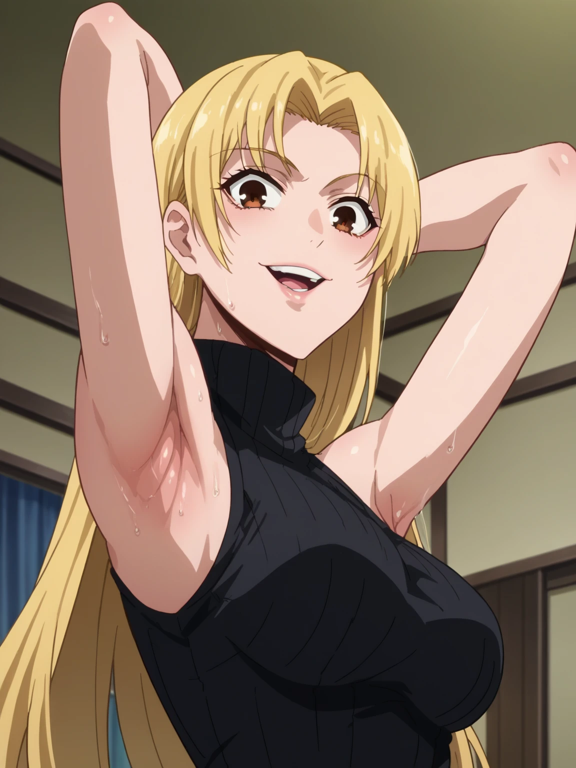 score_9, score_8_up, score_7_up, source_anime, anime screencap, 1girl, solo, yuki tsukumo, long hair, brown eyes, blonde hair, parted bangs, bare shoulders, bare arms, arm behind head, armpit, looking at viewer, head towards viewer, smile, badhandv4, indoors, opened mouth, teeth, black sweater, sleeveless sweater, ribbed sweater, turtleneck, from side, from below, sweaty armpits