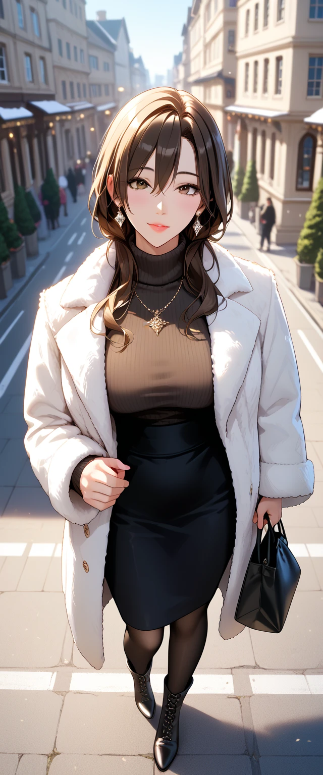 Score_9, Score_8_up, Score_7_up, Source_anime, anime art, anime style, very aesthetic, masterpiece, high quality, 1girl, elegant mature woman, milf, brown hair, long hair, hair between eyes, (black turtleneck sweater, open black fur coat, black skirt, black pantyhouse, ankle boots, holding bag), beautiful eyes, female focus, looking at viewer, ((above view)) ((close up shot)), soft light, ((solo)) detailed, very high resolution, no blurry image, (full body), standing, beautiful, serene expression, intricate details, detailed background, outdoors, city, road, snow, winter:1.3