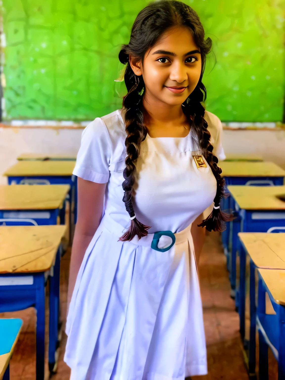 Raw photo, beautiful sri lanka  girl, with twin braids hair, wearing white frock , black shoes, white socks, big breasts , standing in the classroom, professional photographer, (hdr:1.4), masterpiece, ultra-realistic 8k, perfect artwork, intricate details, cute face, award winning photograph, (Best quality, 8k, 32k, Masterpiece, UHD:1.3)