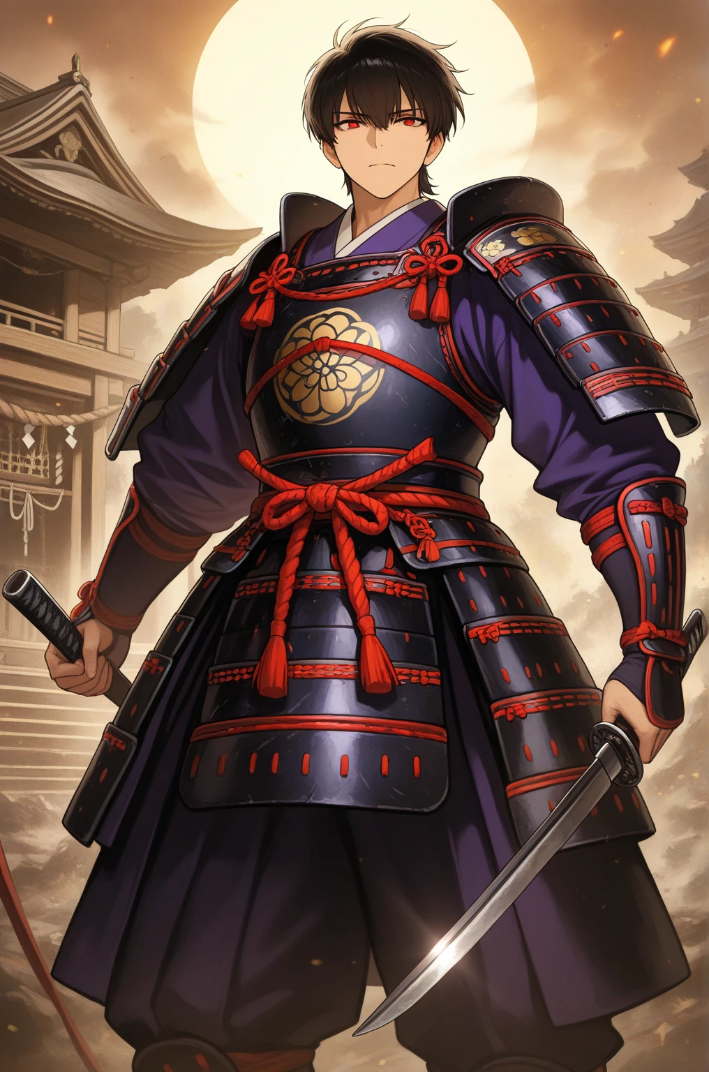  top quality,  Masterpiece,  highest resolution， (Traditional Japanese Samurai Armor), （battlefield_background）， ship this_Kaga，Shrine maiden costume_woman，4K, Alone， Japanese Knife ，(whole body)， anime style ，（ Nobunaga's Ambition with a tin cane illustration style），  hyper-detail , ( intricate details ),