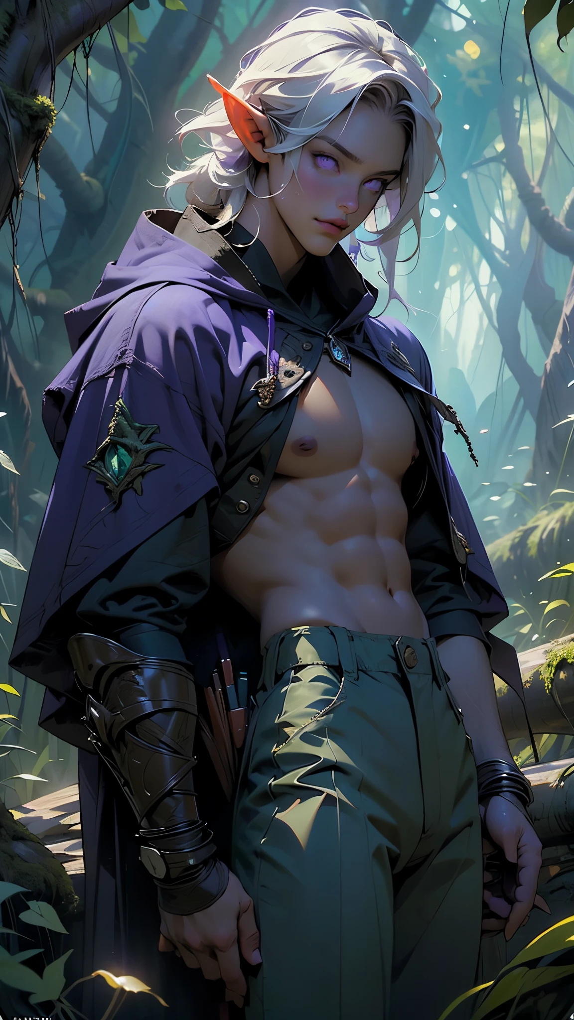 ((Masterpiece, ultra high definition, detailed, 8K)), 1 elf guy, Scandinavian, neutral, dark skin, Misty night forest, fantastic atmosphere, ((Thief-like costume, very revealing, He has a knife)), manly, skinny, handsome face, gay erotic, raised sexy, Sitting on a tree branch, shoot from above,