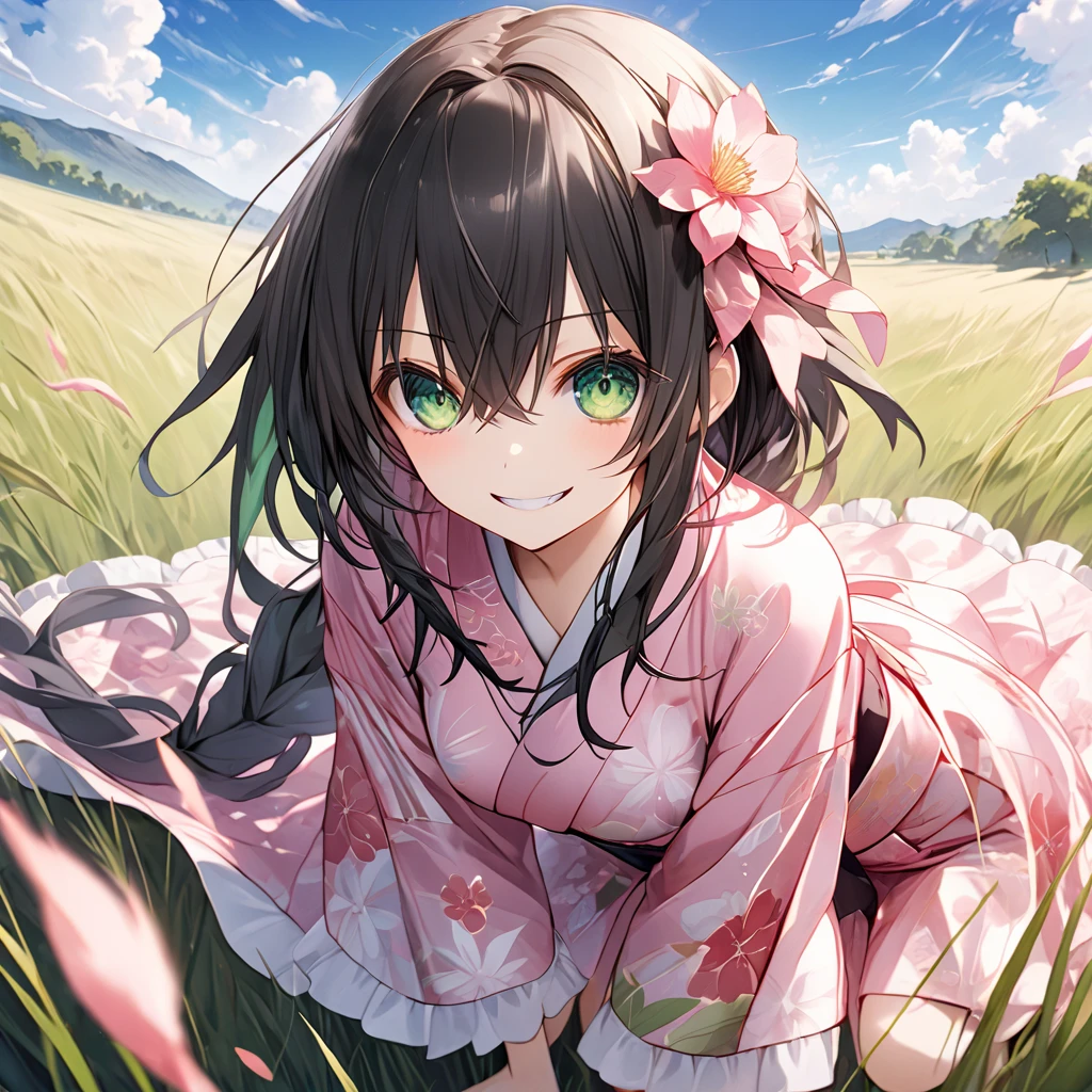 ( 1 girl),Green \(Neptunia )\, black hair, green eyes,shading eyes, long hair, (low ponytail:1.5), sidelocks,evil grin, (pink floral mini yukata:1.5)、(Thighs:1.5),(bridal garter:1.５),grassland、blue sky、From below、( perfect anatomy ),( best quality), ( ultra hi-res), (超 high definition ), ( Highly Detailed CG), (32K), (masterpiece)、eyesHD