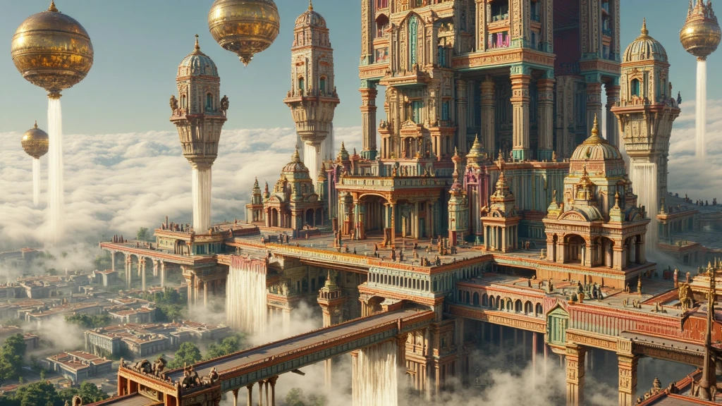 A magnificent, flying city inspired by ancient South Indian architecture, soaring gracefully above the clouds. The city blends ancient south Indian design with modern steampunk engineering, featuring towering gopurams adorned with intricate carvings of deities, mythical creatures, and elaborate floral patterns. Colorful soth Indian temple domes, spires, and sandstone facades shine with divine brilliance, while massive, glowing anti-gravity engines and brass-steampunk mechanisms keep the city afloat. The city is a paradise of cascading waterfalls, lush gardens, and flowing water channels, with aqueducts and reservoirs seamlessly integrated into the design. Suspended mechanical bridges and rotating platforms enhance the futuristic aesthetic, while streams of water glisten in the sunlight, creating a serene, oasis-like environment. Surrounding the city are enormous ancient Indian magical vimanas (warcrafts) hovering protectively. These warcrafts are ornately decorated with detailed carvings and glowing mystical energy, blending traditional craftsmanship with futuristic weaponry. The skies are painted with hues of gold, purple, and crimson as the city navigates through the heavens. The scene exudes a sense of divine grandeur, merging the innovation of modern engineering with the timeless elegance and mystical power of ancient Indian heritage. The atmosphere is epic and otherworldly, showcasing a celestial realm of unparalleled beauty and protection.
