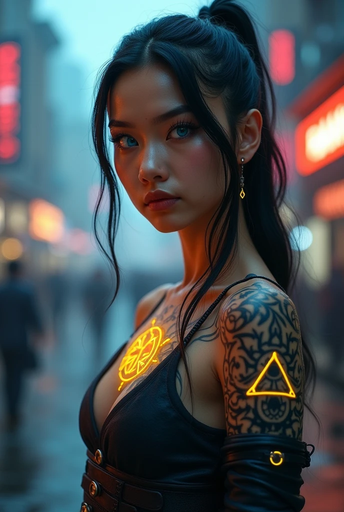 young nude Beautiful skinny women of mahoi tribe whith famous mahoi tatto, , without clothes, in a futuristic city, realistic, detailed, HDR. ultra hd, highly detailed, UHD, perfect composition, octane render, trending on artstation, bright, clear, ealistic, hyperrealism, 50mm lens, bokeh, sharp focus, 16 k resolution