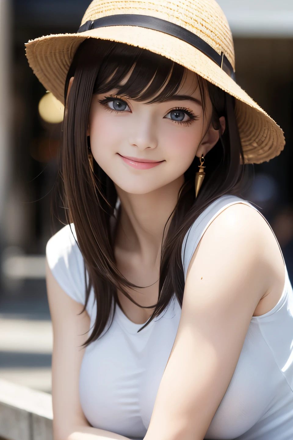  detailed face ,  cute face,  Masterpiece ,  top quality , woman ,  Bowler hats  , bangs , smile ,  outdoor, dark brown blonde silky super short hair,  side lock , beautiful shiny bangs,  big clear sky-like blue eyes, A very beautiful light emphasis on the eyes,   earrings,  she has big breasts, leaning forward, slim waist
