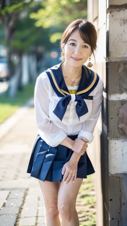 full body shot, from below,  Japanese woman with a viewing angle of, 58 years old,  detailed face , Facial wrinkles, Wrinkles around the eyes, smile,  Detailed Skin Textures ,  white skin,  heavy makeup ,  long hair , (curvy body, saggy breasts,  plump thighs), (earrings,  necklace, school uniform, sailor uniform, sailor collar, sailor collar ribbon,  navy blue pleated mini skirt:1.2), ( is wearing high heels:1.2), (Standing on the sidewalk,  full body shot from toe to head wearing black high heels:1.2), (surrealism, best quality, ultra detailed, absolutely resolution, 8k, anatomically correct), depth of field, looking at viewer, tachi-e, (kz), (1woman), full body,  detailed face , A mature woman is cosplaying