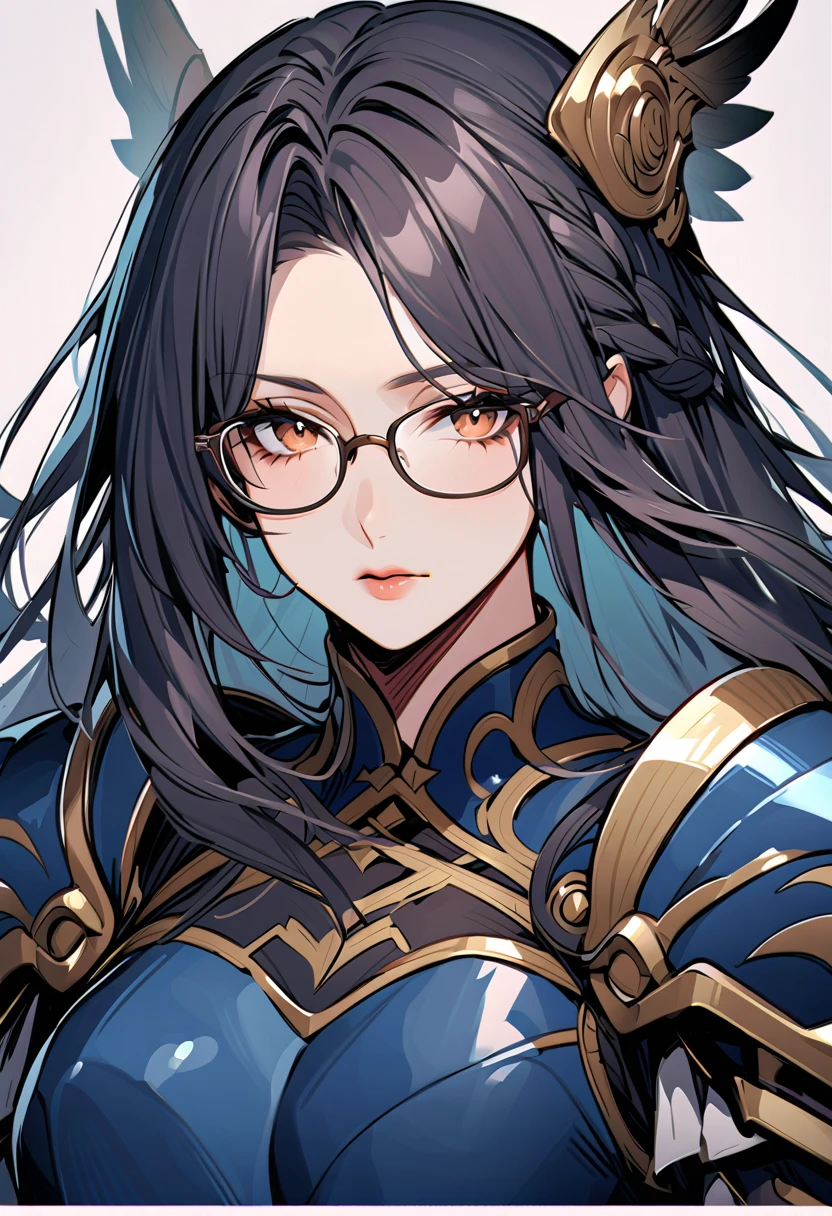  dark-haired valkyrie 、 braid long hair、mature face 、Glasses、dark blue armor 