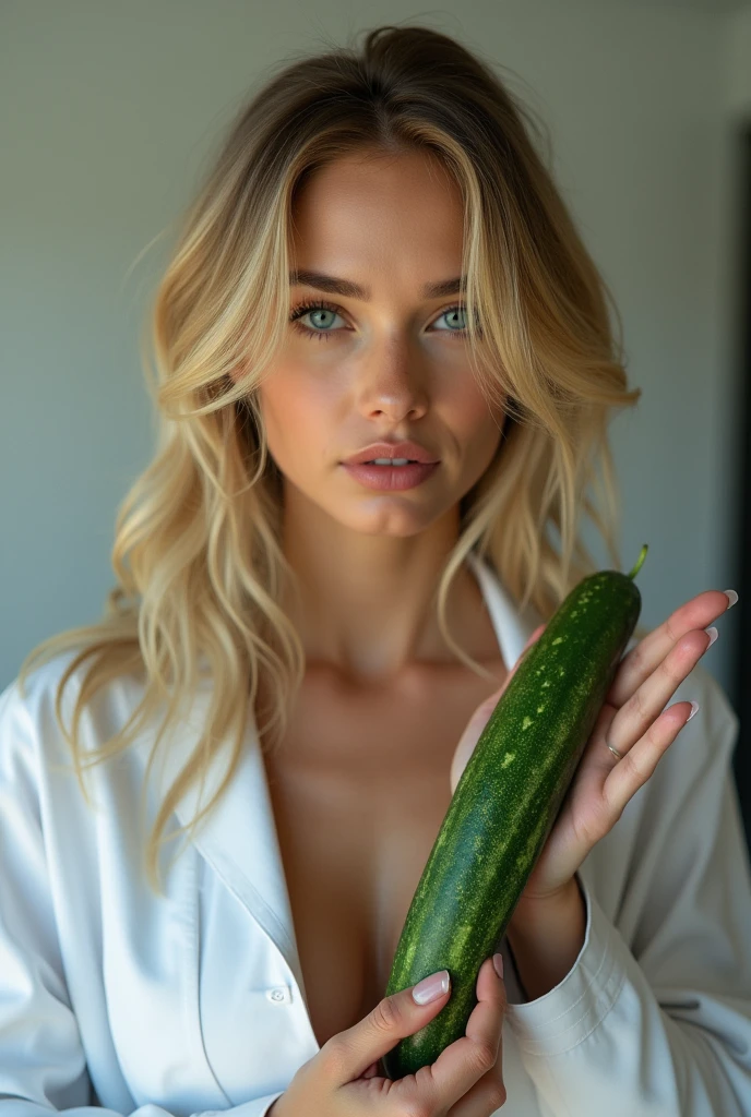 hot cute 18 year old girl, One, long hair, breast, I look at the viewer, blonde hair, naked breasts without a bra, Brown eyes, Jewelry, whole body, NECKLACE, from the shoulder, the sweater is not on, and in the hands, lips, realistic, nose, flirting with the camera, cucumber in the mouth, magazine in hand, full length