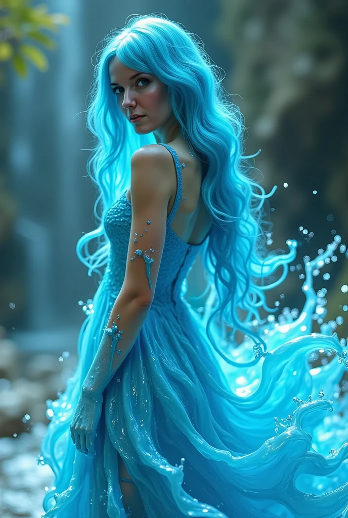 ((( full body photo ))), beautiful light blue haired woman ,  with wax dress melt and drip down the body ( masterpiece: 1.2), ( best quality ), 4K,  ultra detailed , ( dynamic composition : 1.4),  very detailed, colorful details , (shimmering colors: 1.2), ( bright lighting,  atmospheric lighting ), dreamy, magical, (Alone: 1.2)