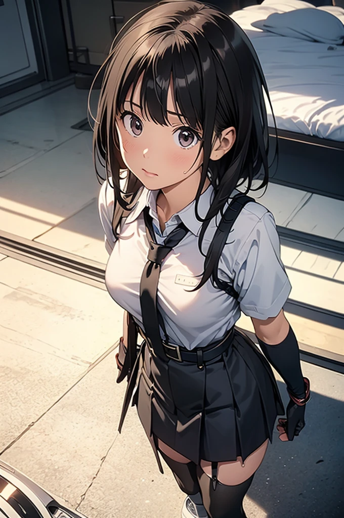 high quality, masterpiece, Ultra-high resolution, (Realism: 1.4), Oil painting style, Cinema Lighting, , I stood on the empty asphalt road and looked at it., And the suspenders with the cranes flying　　Moderate breasts　 　 　　　　Small face　 　　　holster　　　　　　　 Lying in bed　Looking up　　　　Sweat 　　　belt　buzzer　脇Sweat 　Black Hole Gloves　suit　　　　 mini skirt　garterbelt　Leg Links　Belt on trousers　　holster　 　　Hands behind your back　 Anxious expression　Looking up　Anxious face　Knee-high　Knee socks　Knee-highソックス garterbelt　garter　Garterbelt on thighs Long hair