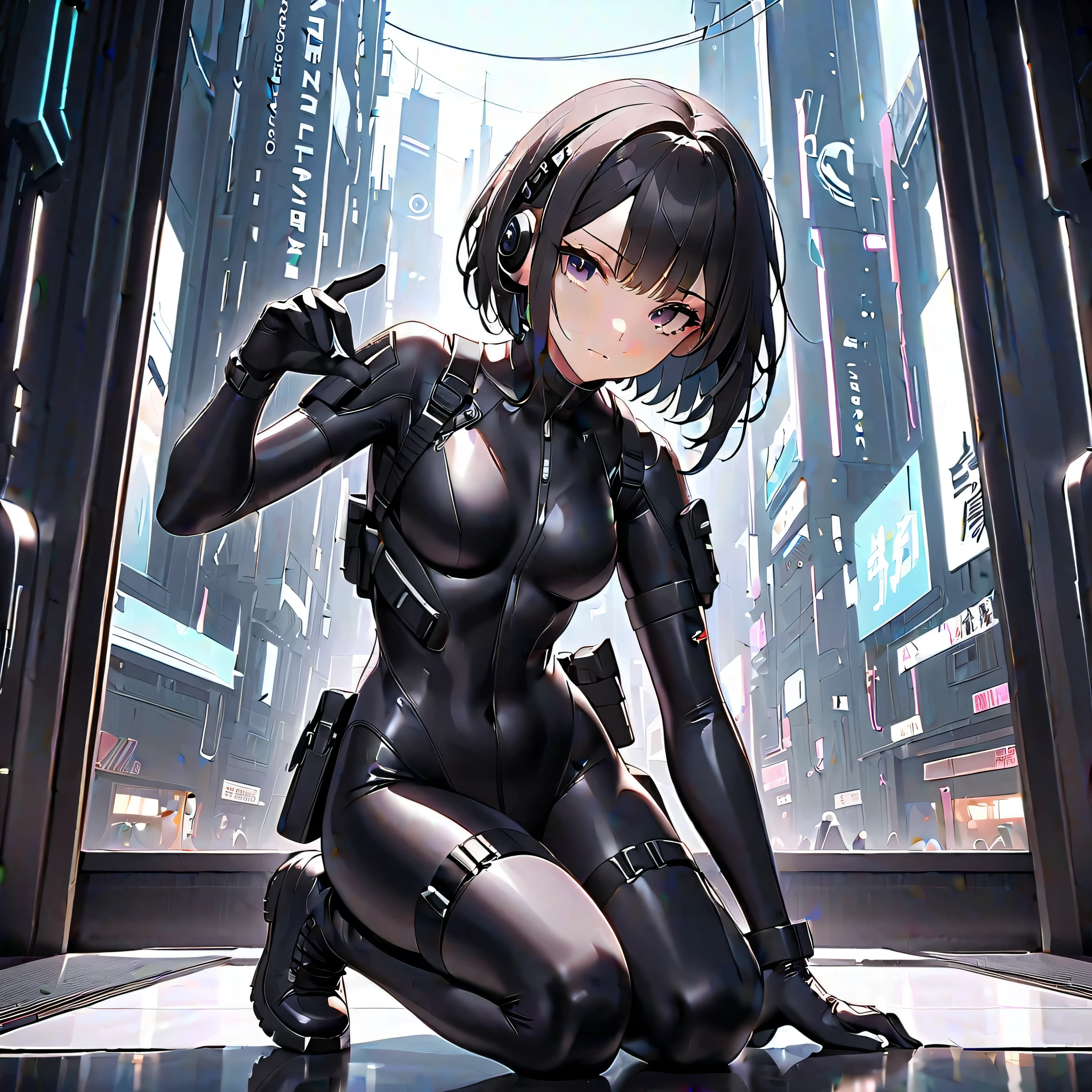 Absurd resolution, high resolution, (masterpiece: 1.4), hyper-detail, inside an abandoned factory, black-haired young woman dressed as a technician, very surprised and shocked expression, high-tech workbench, tech-sense screen, a lot of tech robotic arms