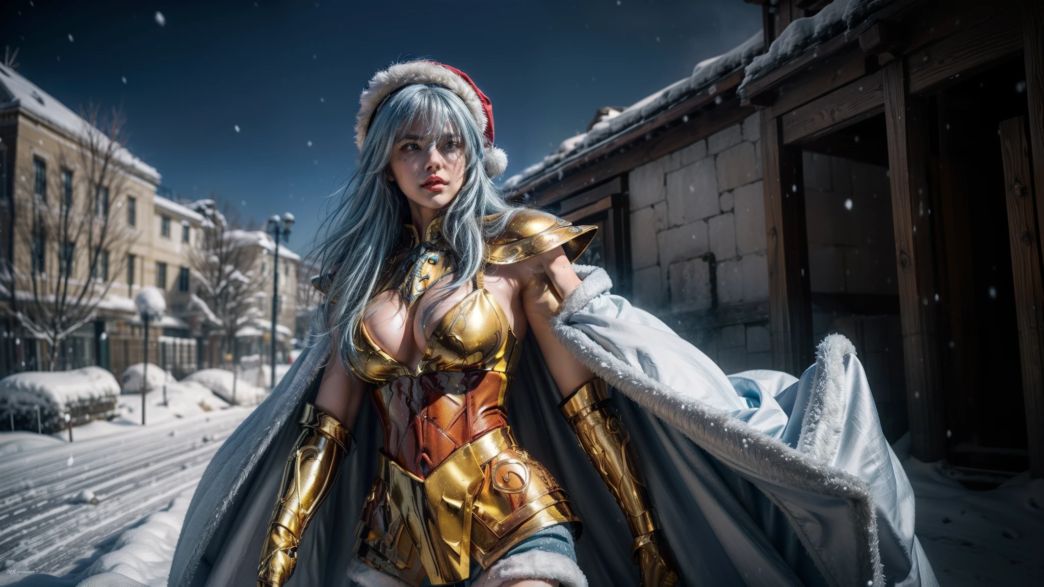 (masterpiece, realistic:1.3), (1girl), ((solo)), sharp focus, focus on face, looking at viewer, (naturally sagging medium breasts), thighhighs, perfect lighting, bloom,available light,Tyndall effect, absurdres, (Establishing shot), stunning colors, long hair, (white cloak), female wearing armor, (light blue hair), helmet, leg armor, shoulder armor, Golden Armor, yellow armor, long hair, AquariusArmor, (cold attitude,eyeshadow,eyeliner:1.1),(Mole under eye:1.0), ((cleavage)), outdoors,Ice snowing greek, greek pillar,(better hands), ((wearing Santa Claus hat)) full body, highly detailed, cinematic ultra realistic, snow