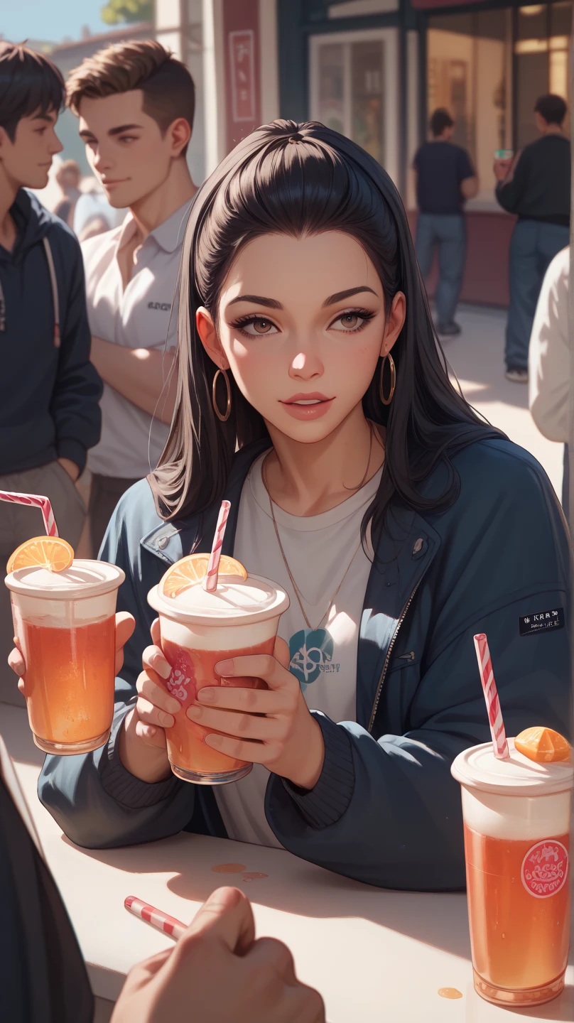 People around Jesus with dark hair drink in anime style