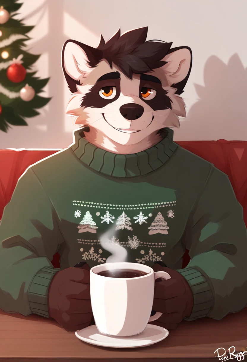 Author: pache riggs, Alone, raccoon,  detailed face,  watching the spectator,  short hair, ugly Christmas sweater,  with a cup of hot chocolate ,  smiling