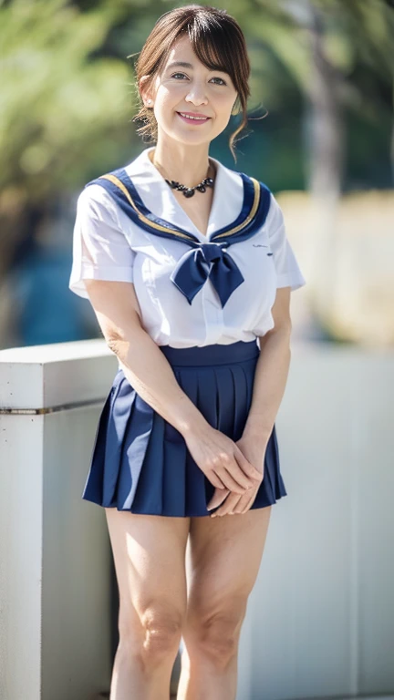 full body shot, from below,  Japanese woman with a viewing angle of, 58 years old,  detailed face , Facial wrinkles, Wrinkles around the eyes, smile,  Detailed Skin Textures ,  white skin,  heavy makeup ,  long hair , (curvy body, saggy breasts,  plump thighs), (earrings,  necklace, school uniform, sailor uniform, sailor collar, sailor collar ribbon,  navy blue pleated mini skirt:1.2), ( is wearing high heels:1.2), ( standing on the seaside ,  full body shot from toe to head wearing black high heels:1.2), (surrealism, best quality, ultra detailed, absolutely resolution, 8k, anatomically correct), depth of field, looking at viewer, tachi-e, (kz), (1woman), full body,  detailed face , A mature woman is cosplaying