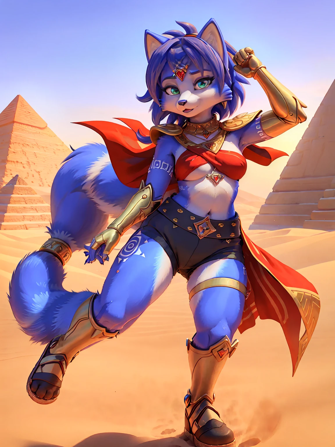 ((krystal)), Star Fox-Krystal, lovable, green eyes, ((( Long blue hair 1 .3))), Decollete, anthro, Fuzzy,  detailed Fluffys fell,  detailed face , (Fluffy),  1 girl, black and red top , black shorts,  long black gloves ,  many belts on her leg ,  red stripes cape on her back, desert in the background, pyramids , Sandsturm,  dynamic pose 