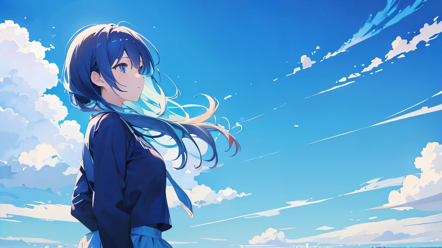 blue sky。A woman staring at that sky