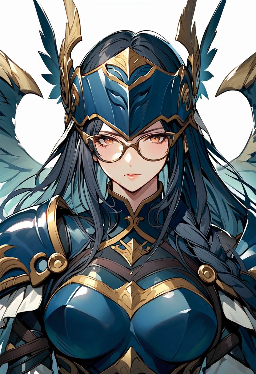  dark-haired valkyrie 、 braid long hair、mature face 、Glasses、dark blue armor 