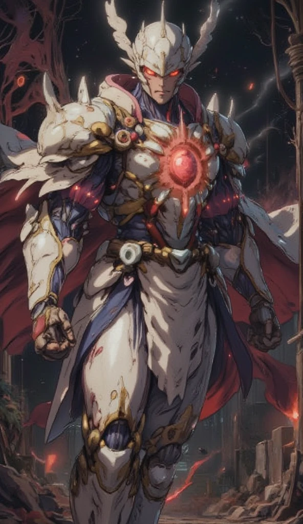  is possessed by a demon, a holy knight commander.A full-body image of an adult male . muscular body .Wear white gold holy knight armor. Eyes Deep Red . standing inside a mysterious black and red church.Bold composition 