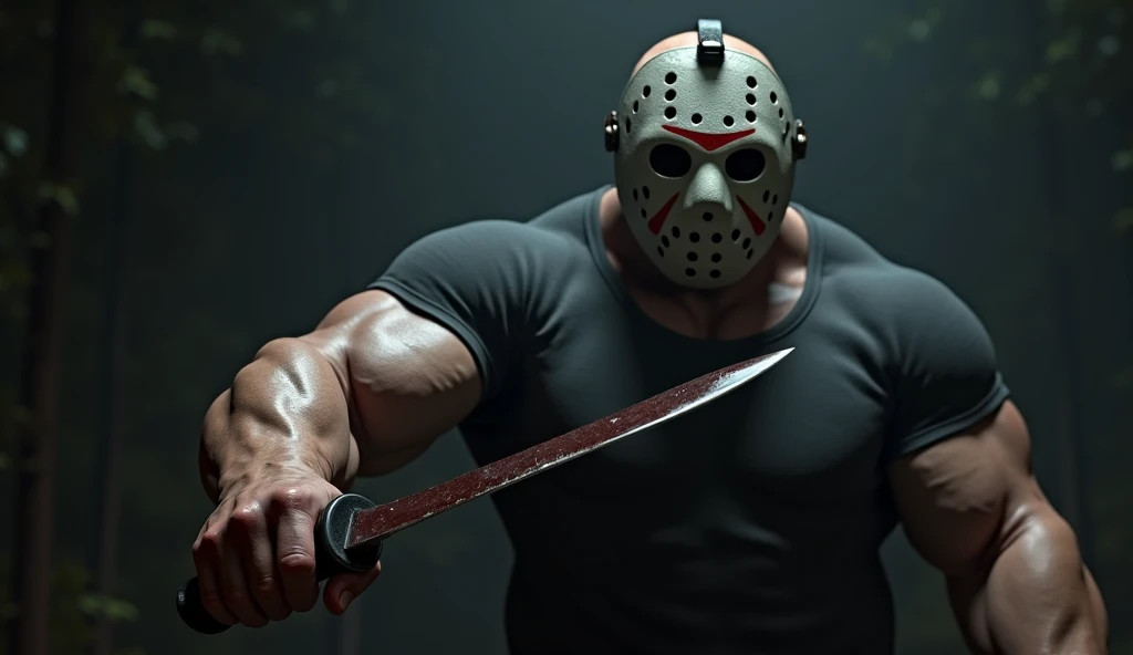 (masterpiece, 4K, ultra detailed), Jason Voorhees, single, masculine, lake, cartoony, realistic, no accessories, single Jason's white mask, shirtless, muscular, lean, eight-pack, naked, covering crotch with hands