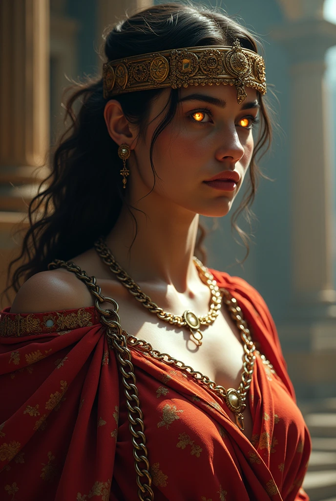 A beautiful, captivating goddess of debauchery, sensual and alluring, her piercing gaze commands attention, elegant flowing dress, intricate headdress, ornate jewelry, dynamic pose, chiaroscuro lighting, cinematic composition, rich saturated colors, oil painting, digital art, photorealistic, 8k, high quality, masterpiece