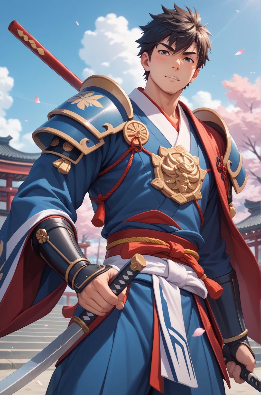  top quality,  Masterpiece,  highest resolution， (Traditional Japanese Samurai Armor), （battlefield_background），Tokugawa Ieyasu，male，4K, Alone， Japanese Knife ，(whole body)， real stick，（ Nobunaga's Ambition with a tin cane illustration style），  hyper-detail , ( intricate details ),