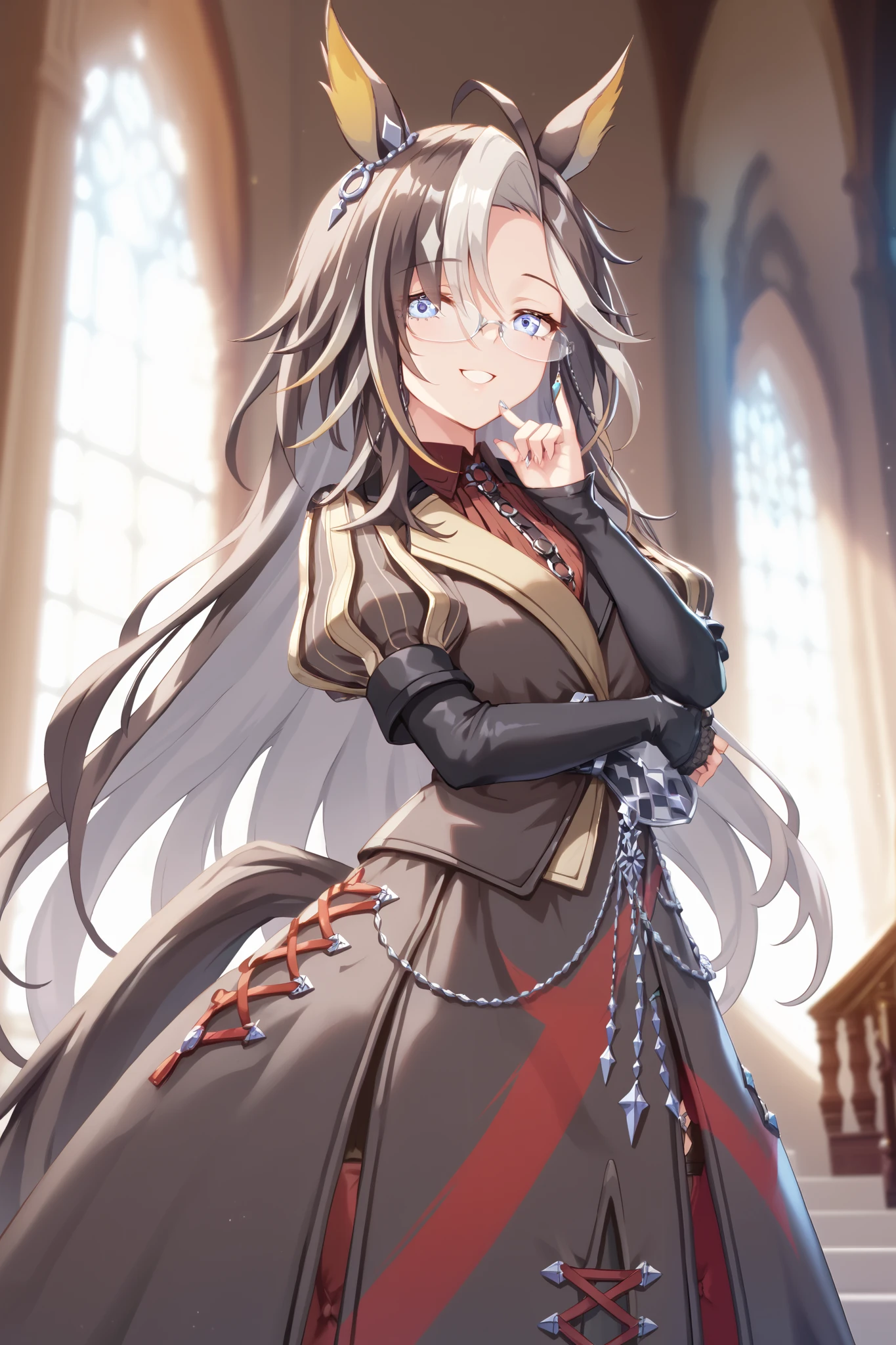 NSFW,masterpiece, top quality, high definition , very detailed,Dream Journey,Dream Journey\(Horse Girl\),Glasses,smile,Luxurious mansion
