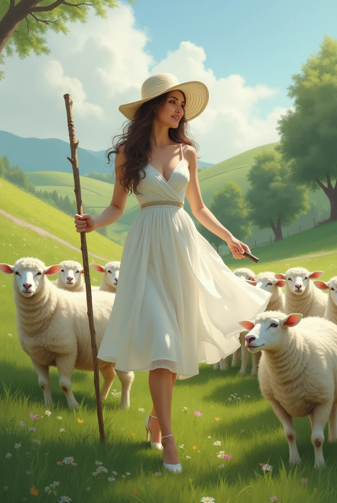 (two shepherd holding a stick, wandering, sheep, sheep, sheep,sheep,sheep,sheep,sheep, many sheep and dogs and birds, blood, dirty clothes, a mature sad female, back of female, ethereal, large breasts, vivid color, bare shoulders, arms down, armpits, thighs, [light smile], expressionless, masterpiece, 8k resolution, fantasy art, ((high jumper's body proportions)), ((obesity: 0.0)), ((((no panties)))), ((no panties))), ((( No pants))),(((No socks)))),(No skirt)))),((No shoes)))),((Dynamic posture)))), (Full body))), , (Greek feet), (Carefully groomed nails),((Delicate and small toes, perfect toes))), (Camel toes),((Correct anatomy)),((Correct dissection))),( Clothing: high slit design, white flowers cut at the waist, perfectly blending with the figure))), (((the world of clouds and mist))), (the clothes are painted with dirty and blood )))),