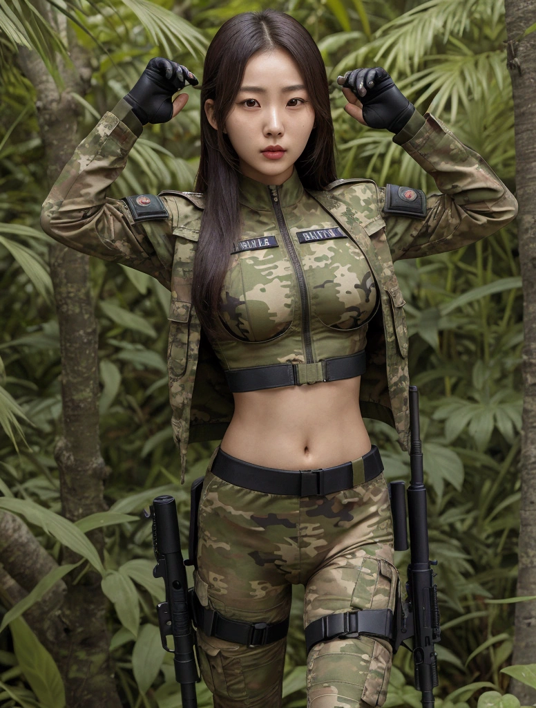 a woman, (wearing camouflage_uniform:1.3), 
good hand,4k, high-res, masterpiece, best quality, head:1.3,((Hasselblad photography)), finely detailed skin, sharp focus, (cinematic lighting), soft lighting, dynamic angle, [:(detailed face:1.2):0.2], medium breasts,(((military training camp))),