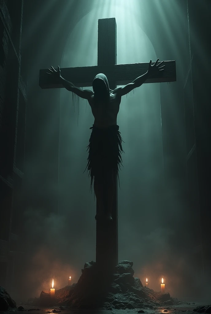 Man alone with arms spread and both hands nailed to a Christian cross, the man is crucified on the cross, he wears modern clothes, he is in the middle of a gloomy and terrifying forest at night, in the background there are scary and disturbing silhouettes, Photorealistic style.