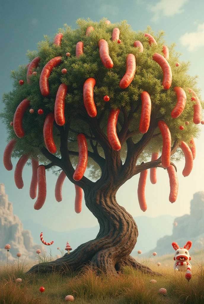 a sausage tree, juicy sausages, meaty texture, a tree e out of sausages, highly detailed, realistic, photorealistic, 8k, hdr, studio lighting, extreme detail, professional, vivid colors, lush foliage, natural lighting, depth of field, intricate textures, hyper-realistic, cinematic composition
