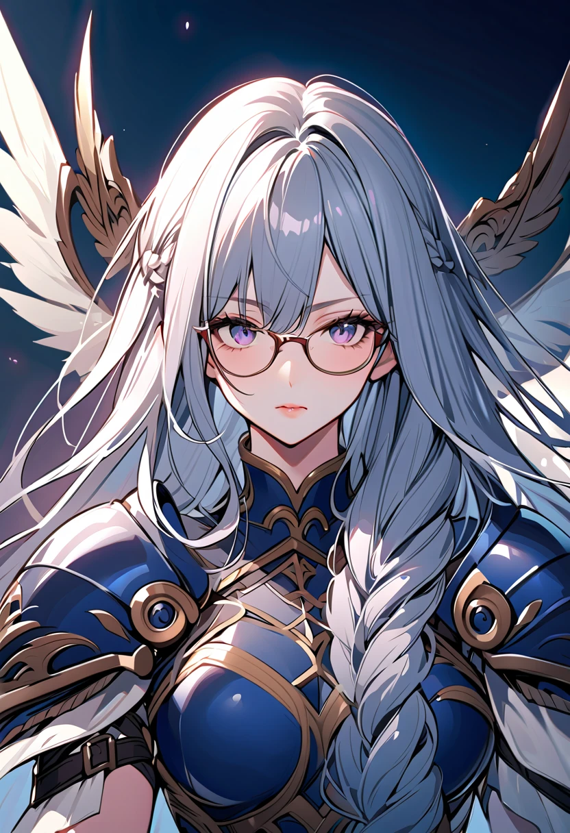  dark-haired valkyrie 、 braid long hair、The face of a girl who seems to be mature、Glasses、dark blue armor 