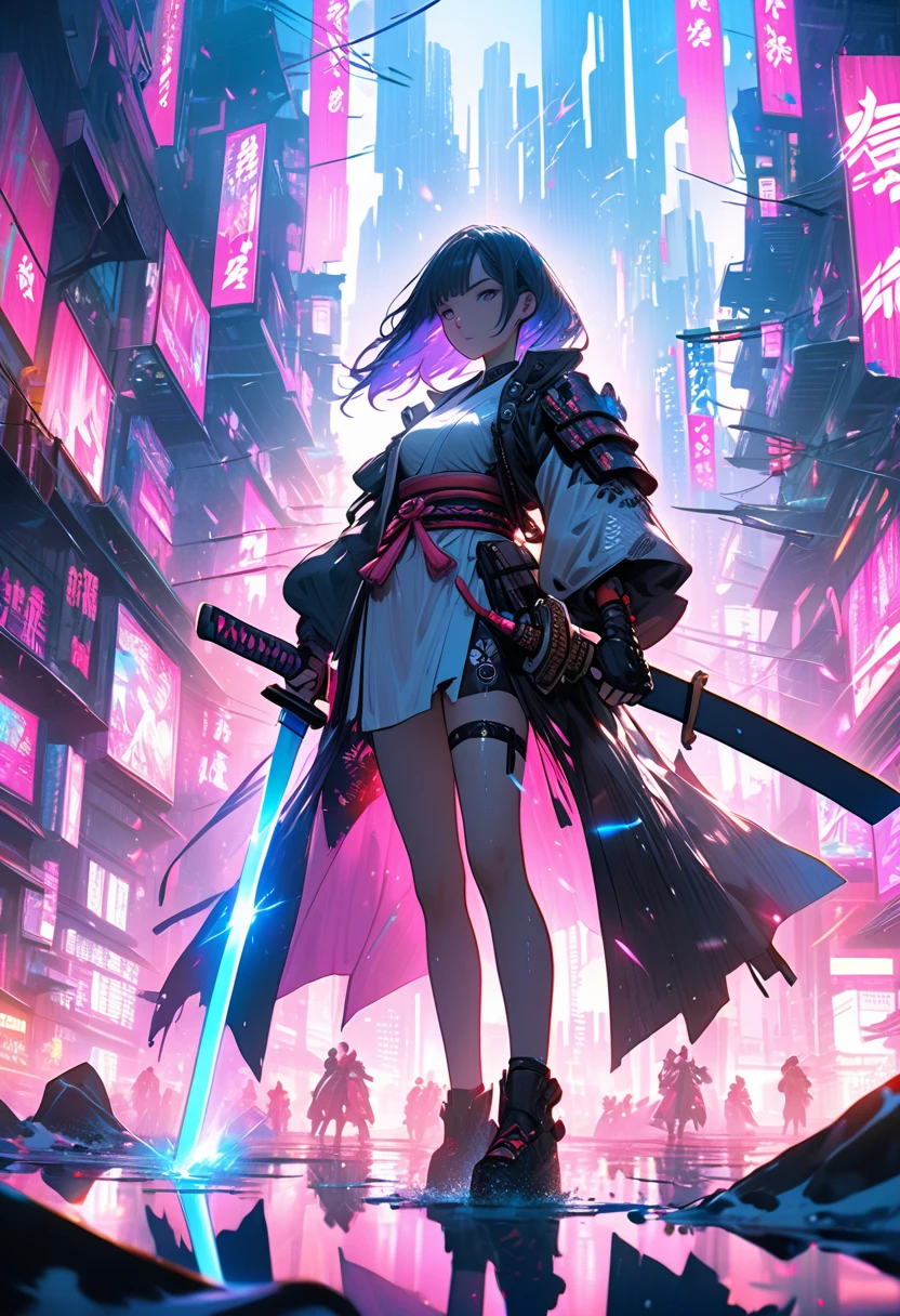 A cyberpunk-inspired scene featuring a lone futuristic woman samurai. The character wields a glowing katana emitting blue plasma light, their armor blending sleek modern tech with traditional samurai patterns. Surrounding them, a neon-lit city sparkles in vibrant pinks, purples, and blues. The skyline is dotted with flying vehicles and towering holograms. The scene's dramatic lighting highlights a mix of mist, sparks, and reflections on wet surfaces, evoking tension and mystique. Negative prompts: overly dark tones, crowded composition, unclear character features.