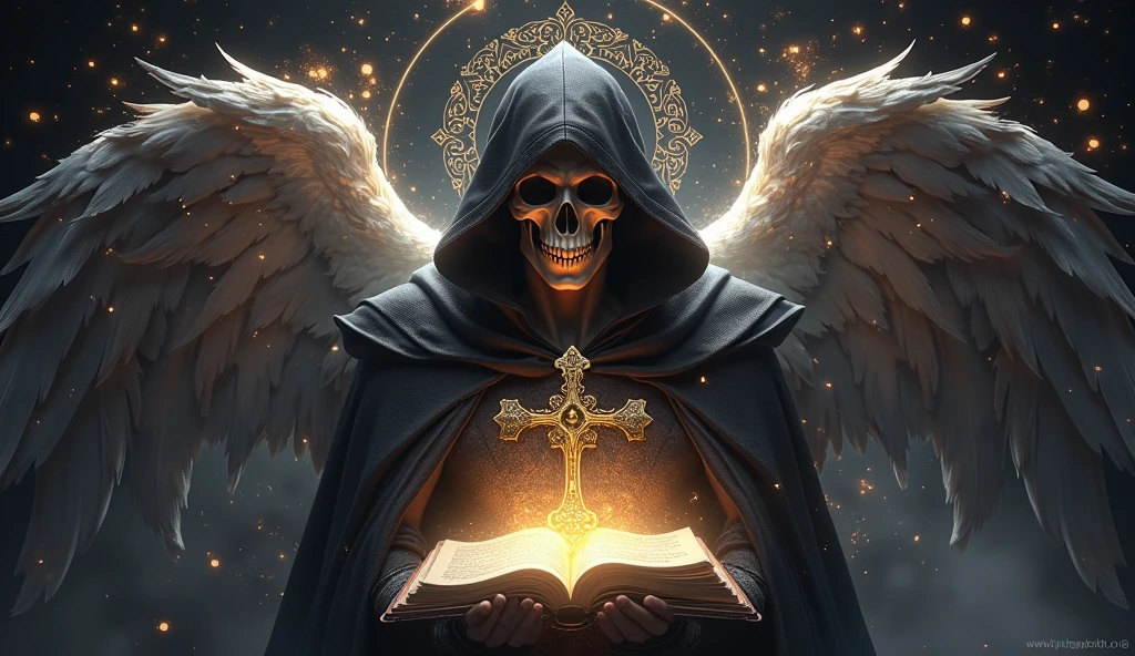 (Necronomicon Sketch:1.1),archangel holding a skull and a bible \(object\), seven-pointed stars \(symbol\), the Great ultimate ,Fire,Blood,author:ATBGAMS,