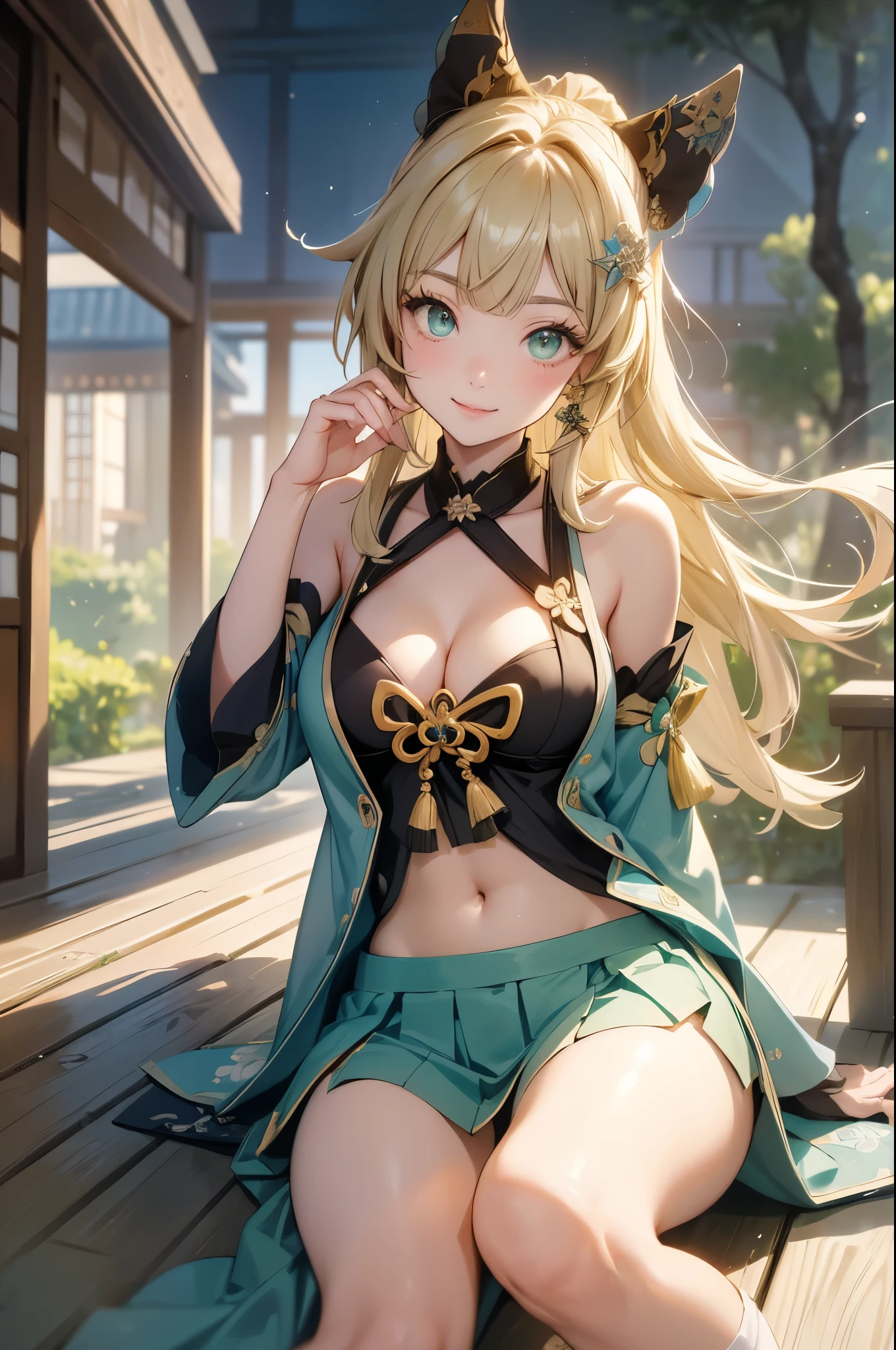 ((kiraradef)):1.5,((masterpiece,highest quality,Highly detailed images,Beautiful images))(kirara images,Japanese garden、Ornamental pond、Fun pose、Bright natural light throughout、Backlight、A fantastic atmosphere、Dust flutters)1.3,(kirara:Full body image)、(large breasts、sideboob, Exposing shoulders、Exposing your belly):1.2(smile)1.1(Remodeling Kimono、Separate top and bottom、Knee-high socks、Absolute area)
