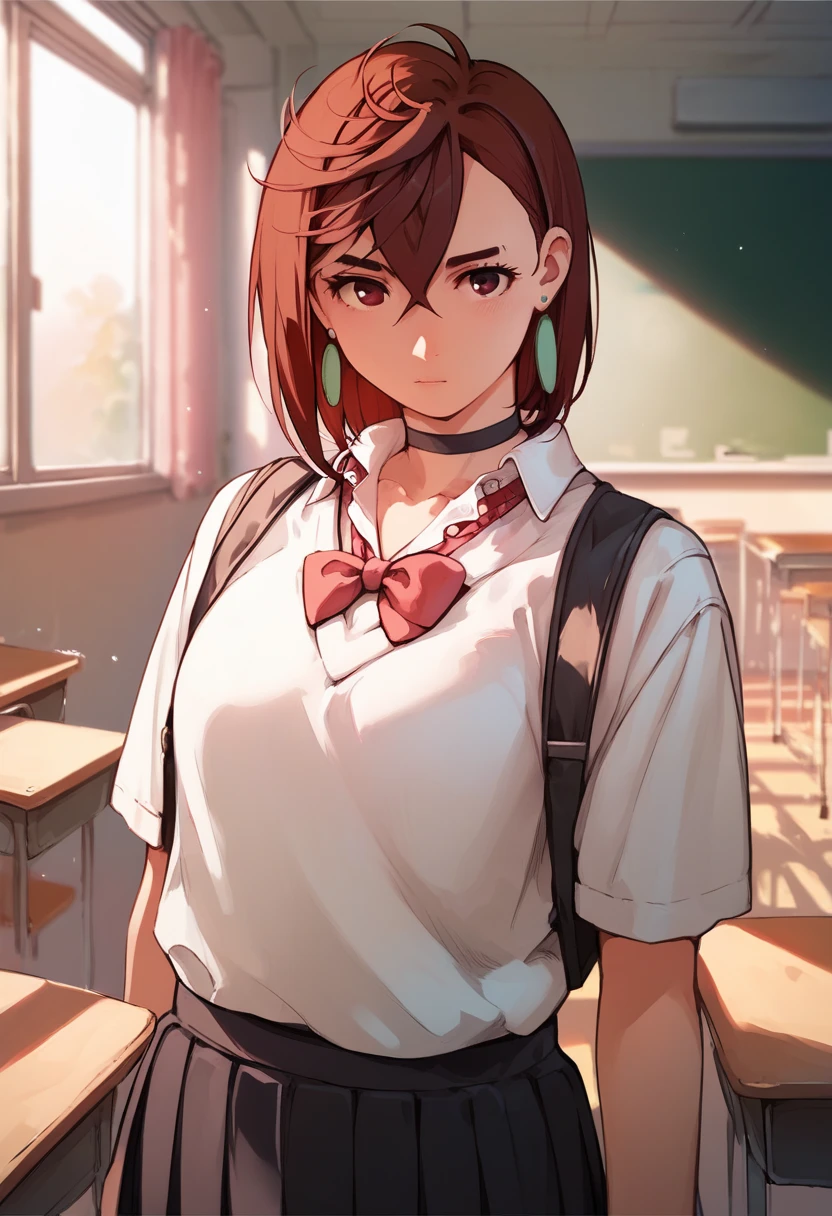 score_9, score_8_up, score_7_up, source_anime, 1girl, solo, indoors, classroom, cowboy shot, standing, looking at viewer, shiny skin, ayase_momo, red eyes, brown hair, short hair, pendant earrings, school uniform, pink sweater, puffy long sleeves, choker, collared shirt, red bow, bow, miniskirt, blue skirt, pleated skirt, white socks, loose socks, brown shoes