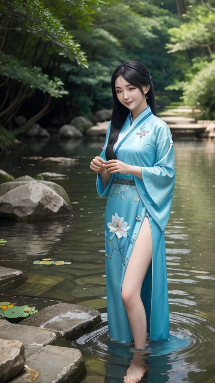 ((4k,masterpiece,best quality)), shuimobysim, traditional chinese ink painting, lotus, hanfu, maxiskit, dress conservatively 1girl, solo, long blue hair, smile, standing, feet in the water, barefoot,