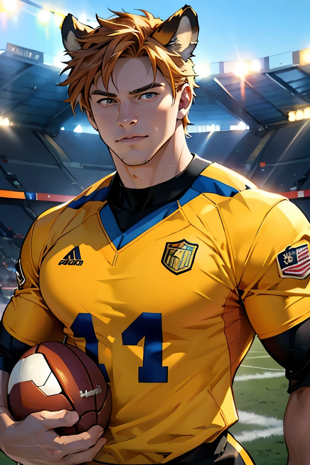 A handsome ginger-haired man with striking tiger-like eyes, wearing a football team uniform, standing confidently on a pitch, (best quality,4k,8k,highres,masterpiece:1.2),ultra-detailed,(realistic,photorealistic,photo-realistic:1.37),extremely detailed eyes and face,longeyelashes,muscular build,sporty,dynamic pose,football field background,golden hour lighting,vibrant colors,cinematic, tiger ears, american football