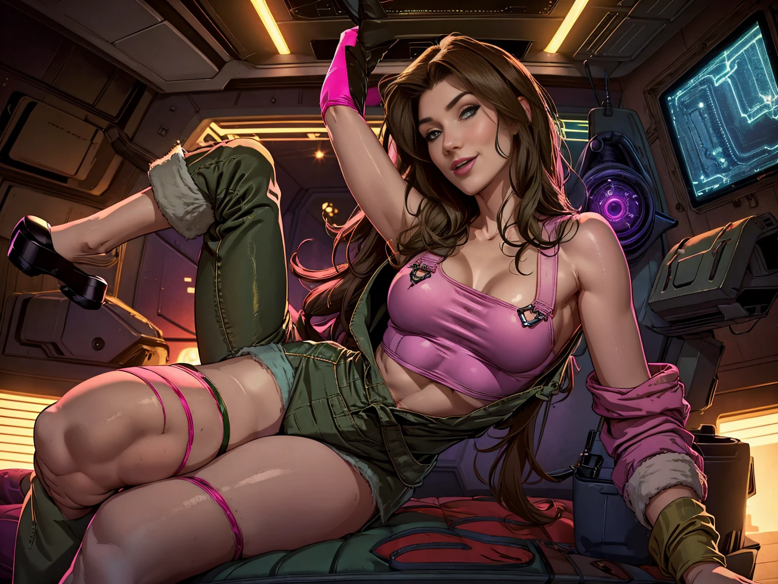 ((1girl)), Jewel Staite as Kaylee from Firefly, undone olive green coveralls, 0v3r4lls, short pink crop top, long brunette hair, perfect breasts, sexy pose, smile, spaceship engine