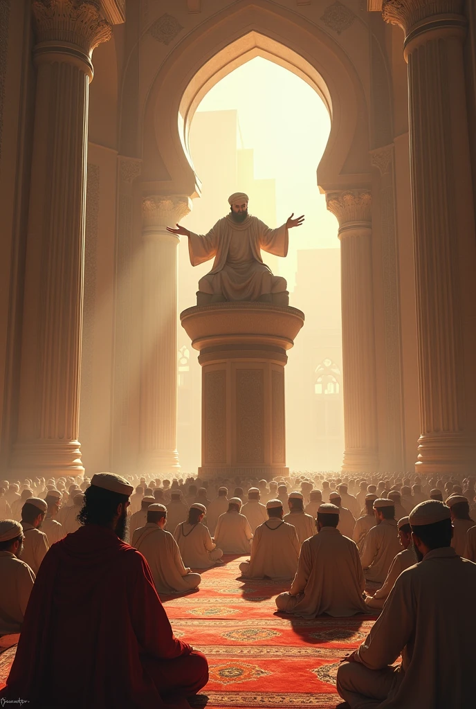Arafed image of a man in a white robe standing in front of a crowd, many people worshiping, edited, crowds of people praying, photo of a spectator, photo of shoulders up, Pontiff, Holy ceremony, blocking the sun, blessing the ground at sunset