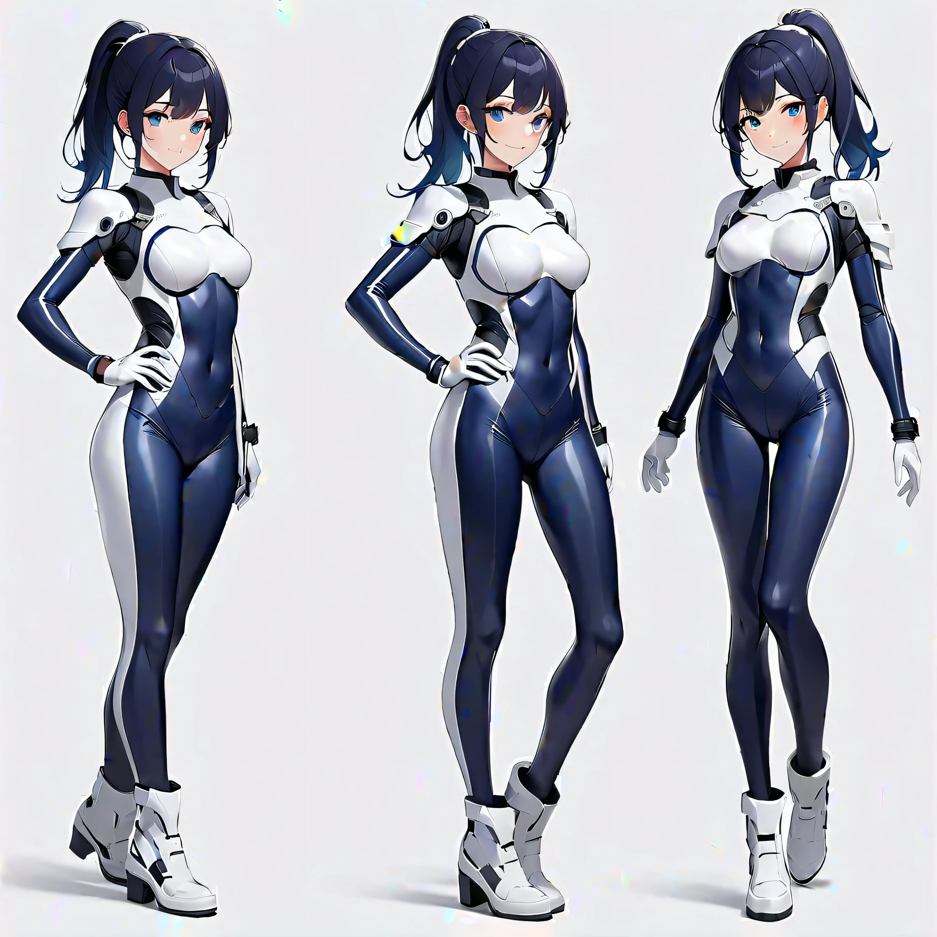 A closeup of a woman wearing uniform with coat and some other poses, clothing in red and blue colors, front side and back poses, cutesexyrobutts, woman with short black hair with light blue locks, eyes with bright blue and red tones with vampire iris, pale skin, vampire, pointed ears, muscular!, fit body, gynoid body,sweaty body, perfect body, fit body, abdomen, big breasts, chubby butt, prancing ass, prancing butt, full body concept art, detailed full body concept art, Cushart Krenz Key Women's Art, Masamune Shirow style, Yusuke Murata style, Ilya Kuvshinov, Oppai proportions, official character art, uniform, full body concept, (best quality, masterpiece) a cute chibi girl,