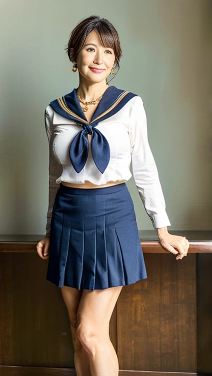 full body shot, from below,  Japanese woman with a viewing angle of, 48 years old,  detailed face , Facial wrinkles, Wrinkles around the eyes, smile,  Detailed Skin Textures ,  white skin,  heavy makeup ,  long hair , (curvy body, saggy breasts,  plump thighs), (earrings,  necklace, school uniform, sailor uniform, sailor collar, sailor collar ribbon,  navy blue pleated mini skirt:1.2), ( is wearing high heels:1.2), ( standing with different breasts ,  full body shot from toe to head wearing black high heels:1.2), (surrealism, best quality, ultra detailed, absolutely resolution, 8k, anatomically correct), Plain, light-colored background, looking at viewer, tachi-e, (kz), (1woman), full body,  detailed face , A mature woman is cosplaying 