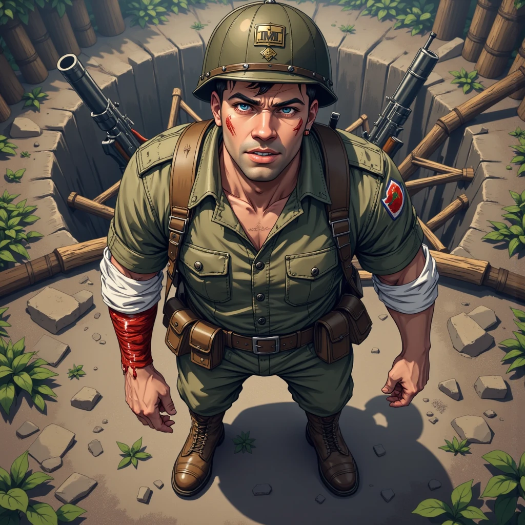 World of War 2 art style, 16-bit pixel, Top camera, sharp focus, beautiful, professional lighting, Tony ‘Tiger’, ((vulgar)), ((Best quality:1.5)), World of War 2, 1940 year, retro photo, ((Best quality:2.0)), ((max texture quality:2. 0)))), uhd, HDR, 16k, high contrast, high resolution, ((throwback)), mature male, 1 person, soft focus, vampire fangs, diffused light, throwback, high resolution, masterpiece, Precise, anatomically correct, high quality, high resolution model, high detail, retina, very detailed, textured skin, super high resolution, Young man dressed in 1940's US Army Airborne uniform, clutching a wooden rifle “Thompson automatic rifle”, his uniform jacket is punctured in places by bullet marks, the sleeves of the jacket are rolled up, a bandage is wound around his right arm, a small blood-red stain penetrates through the bandage, on his legs are shabby army trousers and shabby army boots, standing over a destroyed machine-gun ‘nest’ - an enemy fire point defeated by a hit