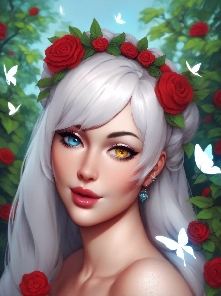  an adult woman , seen from afar and from the side , with long white hair with light blue tips, with an eye with heterochromia blue and yellow ,  lips painted with pink lip gloss , with an innocent look, with a soft and gentle smile ,  wearing a light blue hanfu with gold details ,  looking at a white butterfly posing softly on a red rose in her hand,  standing in a garden with clear skies  